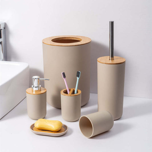 Bamboo bathroom accessories set 6 pcs beige