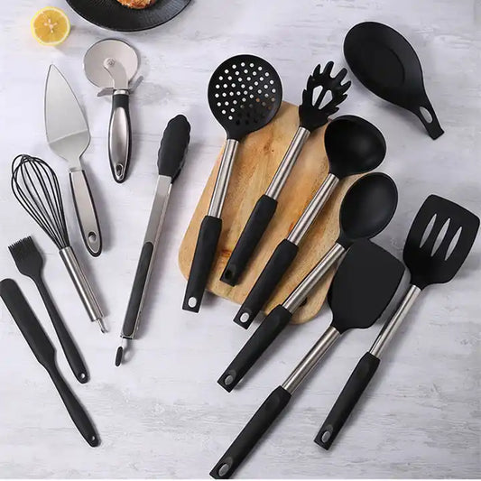 KITCHEN UTENSILS SILICON AND STAINLESS STEEL COOKING SET OF 15 PIECES