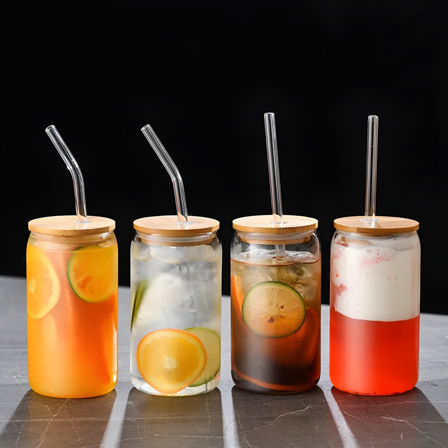 CAN GLASS WITH BAMBOO COVER AND GLASS STRAW
