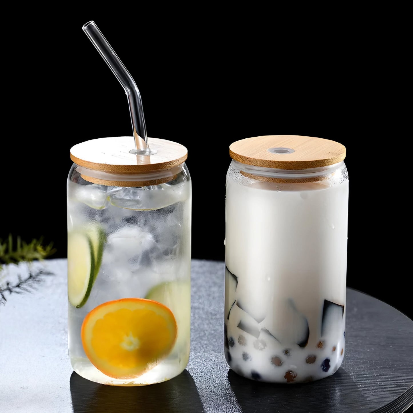 CAN GLASS WITH BAMBOO COVER AND GLASS STRAW