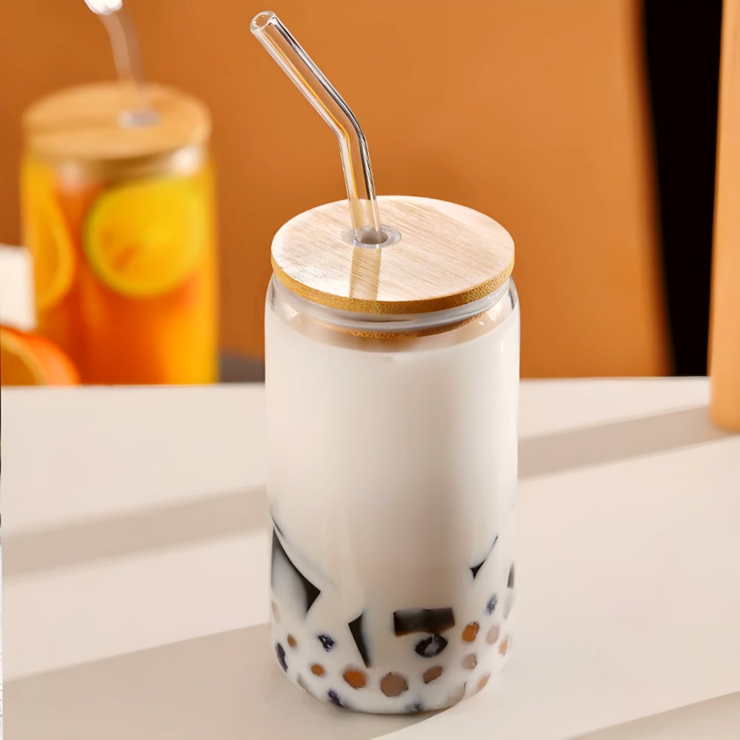 CAN GLASS WITH BAMBOO COVER AND GLASS STRAW