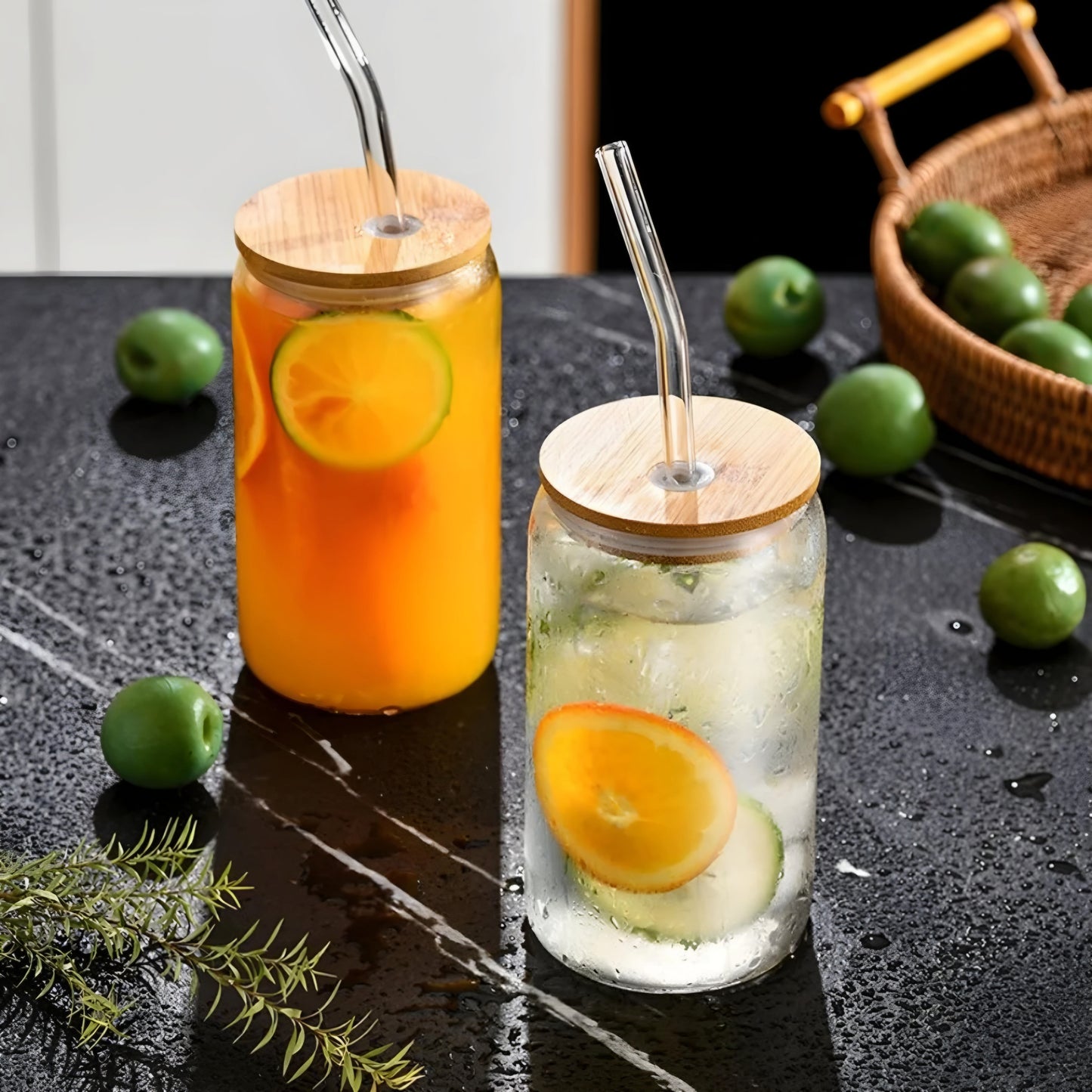 CAN GLASS WITH BAMBOO COVER AND GLASS STRAW