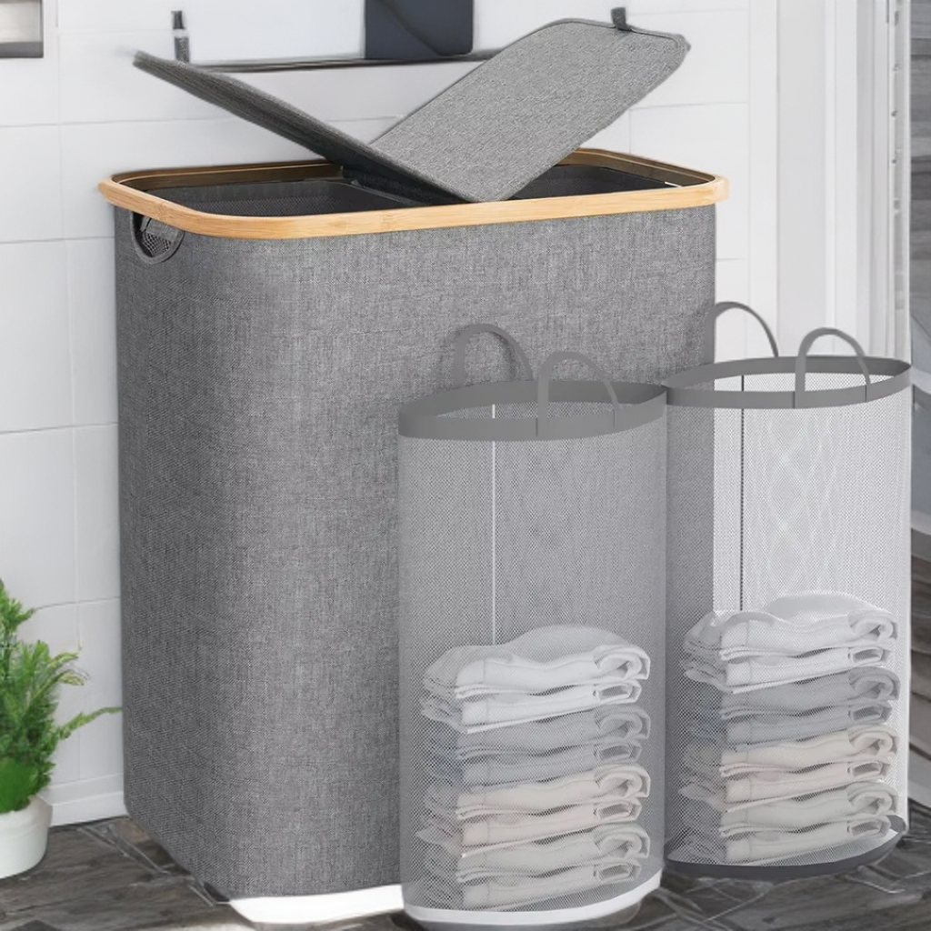 double storage laundry basket with bamboo cover and two inner bags