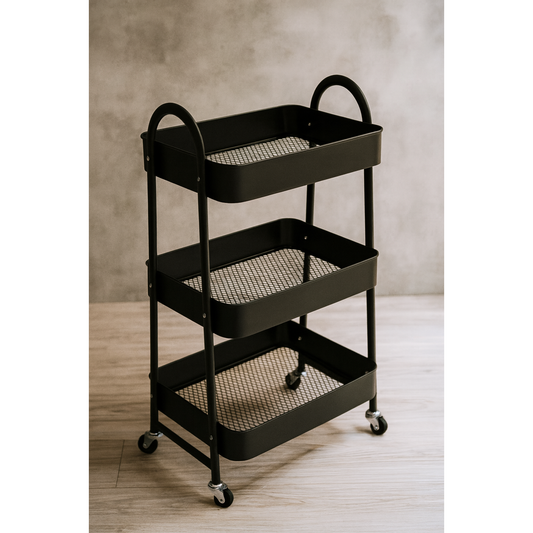BLACK 3 TIER METAL STORAGE TROLLEY
