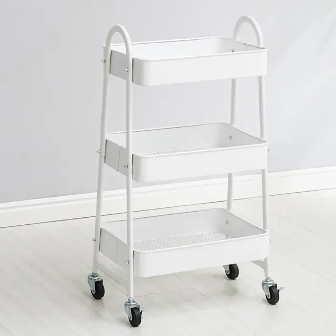 WHITE 3 TIER METAL STORAGE TROLLEY