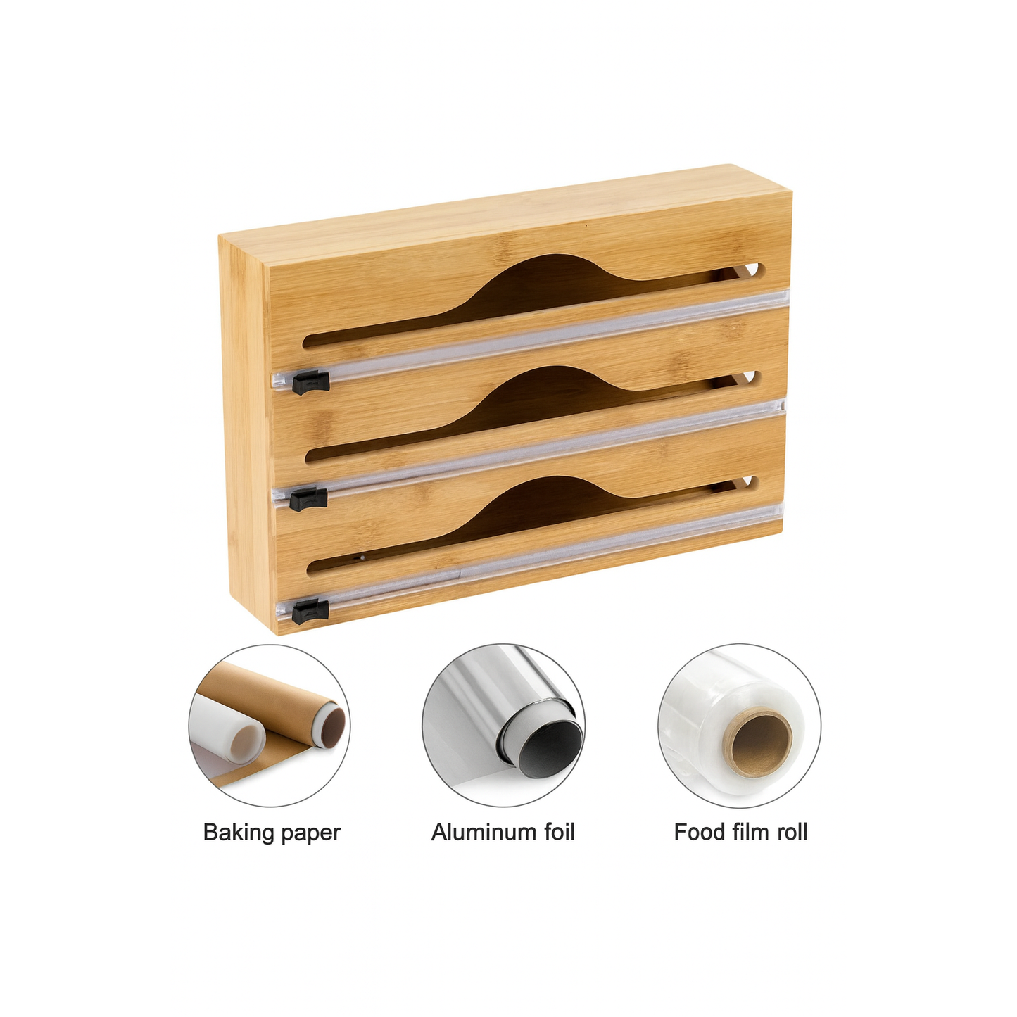 Bamboo Cling Film Dispenser with Slide Cutter 3 in 1 Plastic Wrap and Aluminum Foil