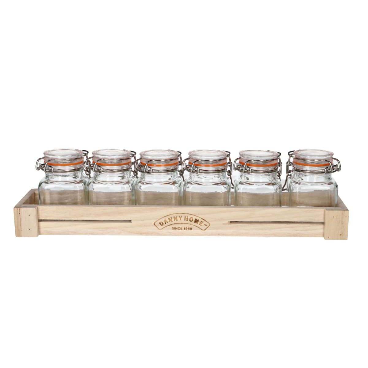 DANNY HOME SET OF 6 GLASS JARS WITH WOODEN CRATE