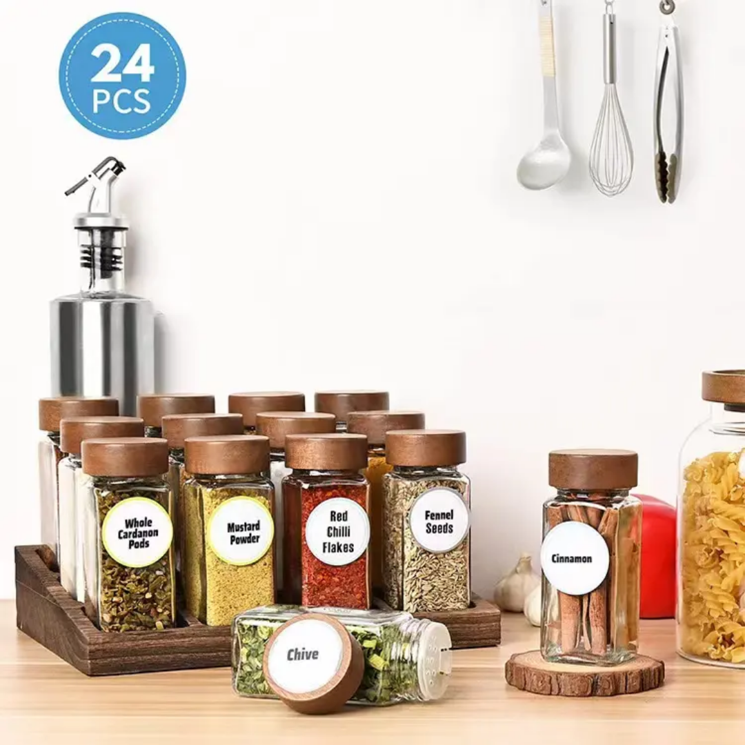 Set of 24 spice jars with acacia wood lid