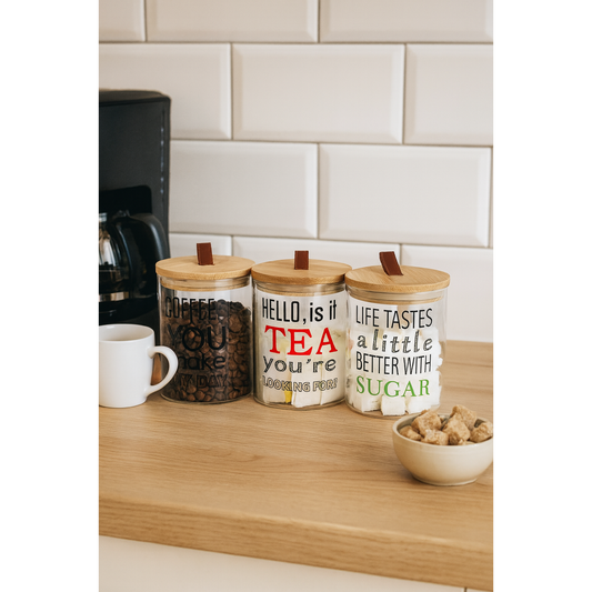DANNY HOME SET OF 3 JARS COFFEE, SUGAR , AND TEA GLASS JARS