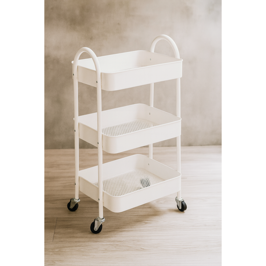 WHITE 3 TIER METAL STORAGE TROLLEY