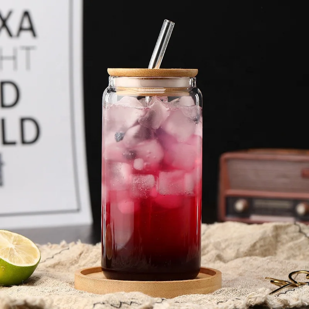 CAN GLASS WITH BAMBOO COVER AND GLASS STRAW