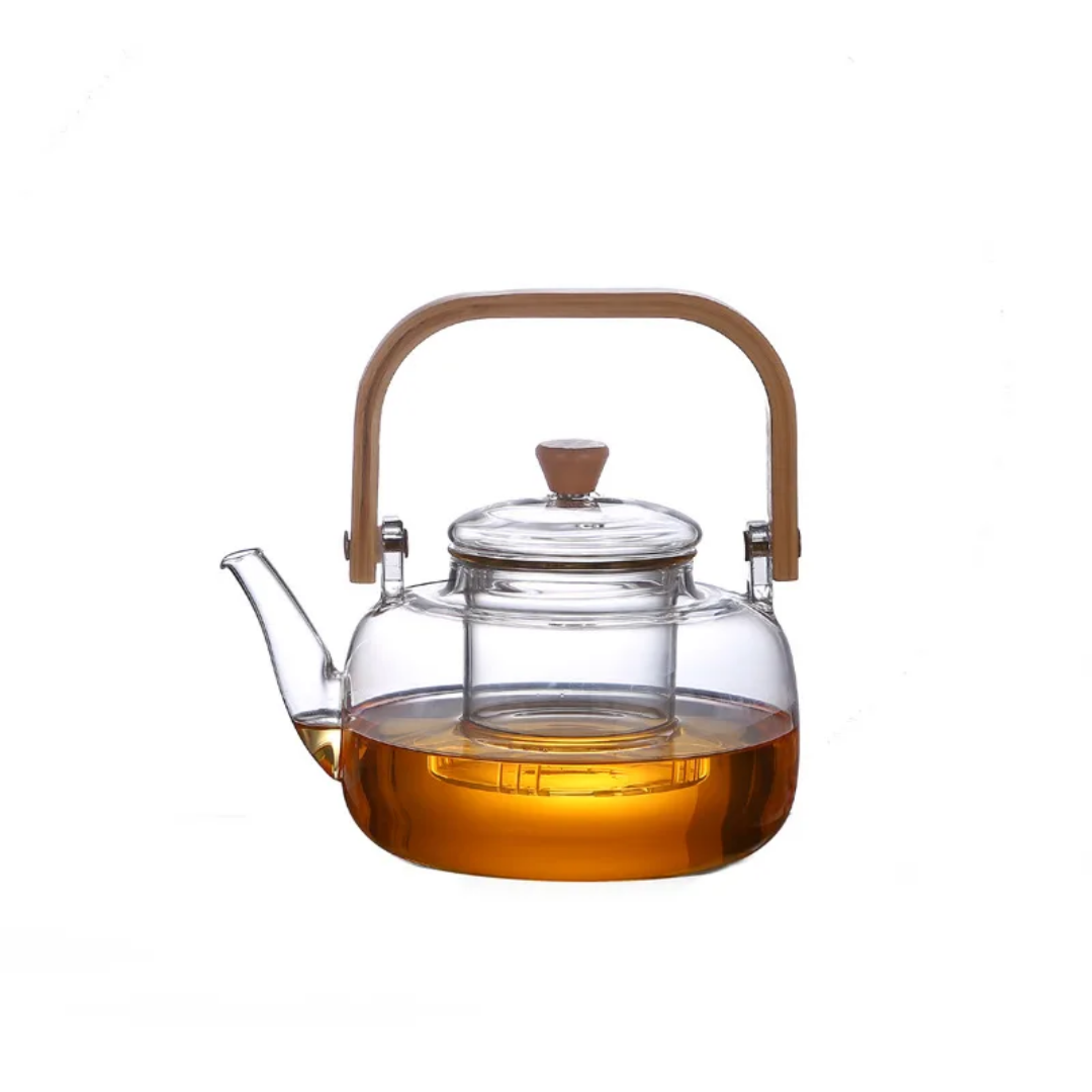 DOUBLE GLASS 1 LITER TEA POT WITH BAMBOO HANDLE
