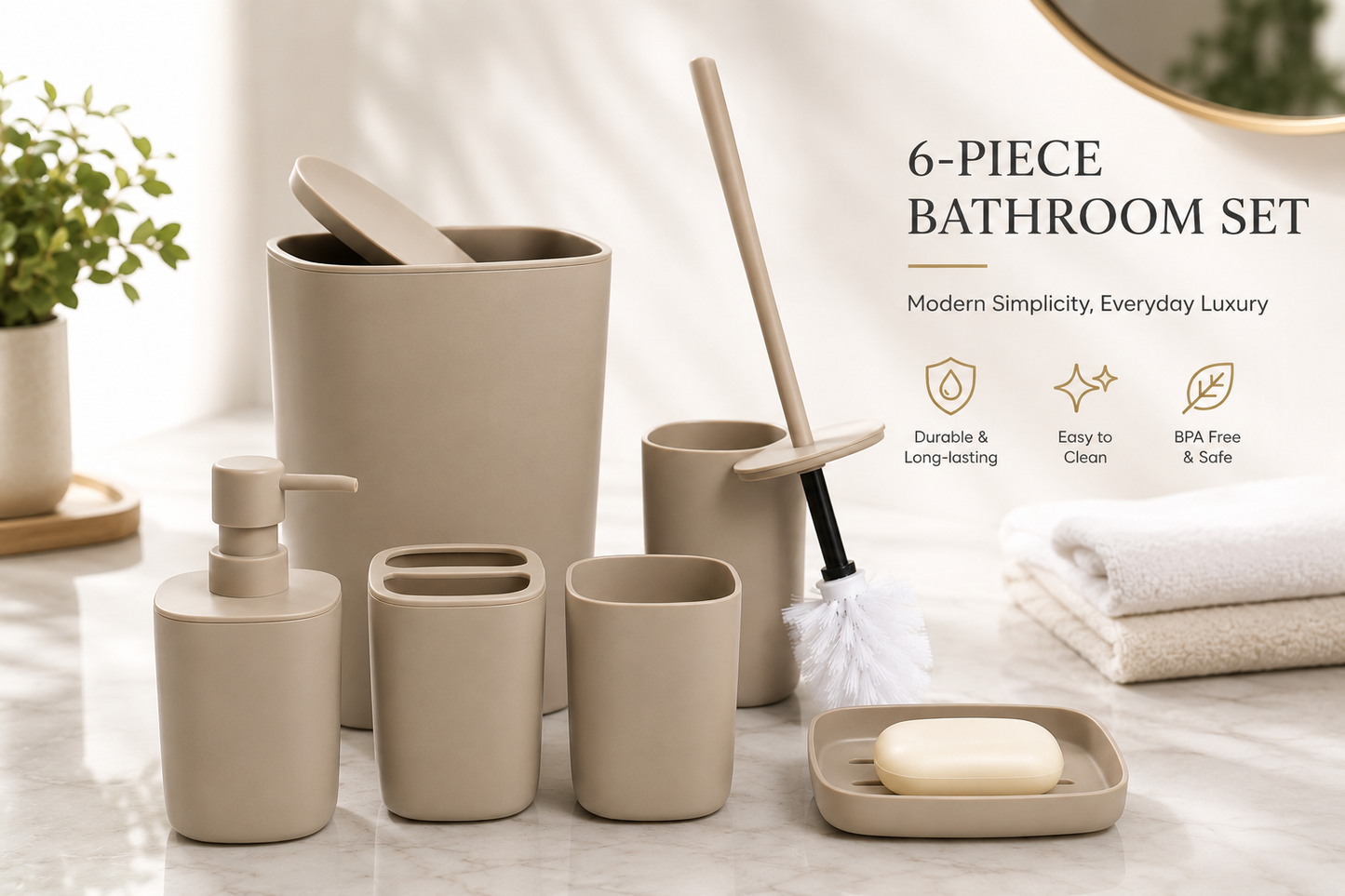6 PIECES PLASTIC BATHROOM SET BEIGE