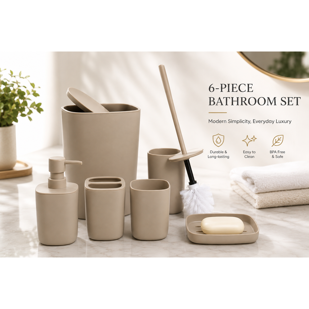 6 PIECES PLASTIC BATHROOM SET BEIGE