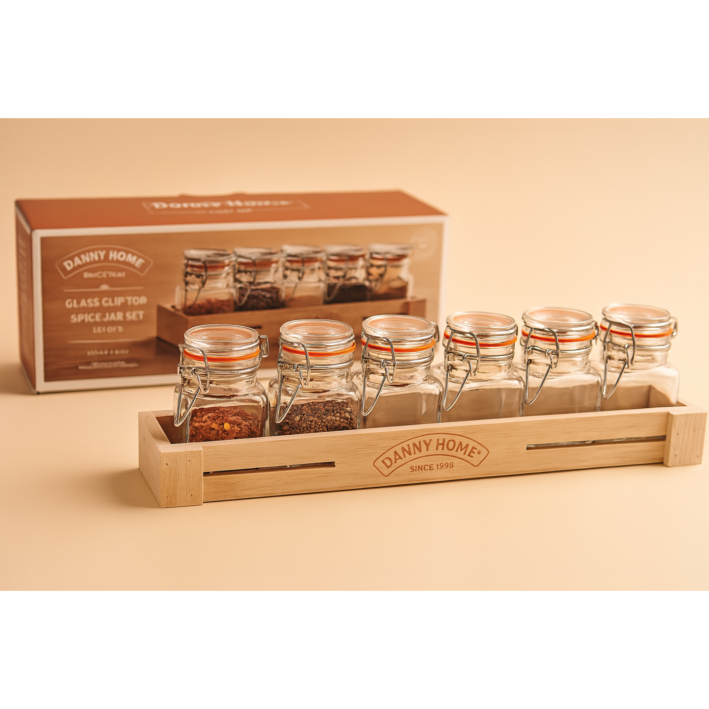 DANNY HOME SET OF 6 GLASS JARS WITH WOODEN CRATE