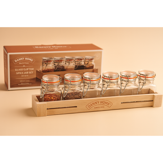 DANNY HOME SET OF 6 GLASS JARS WITH WOODEN CRATE