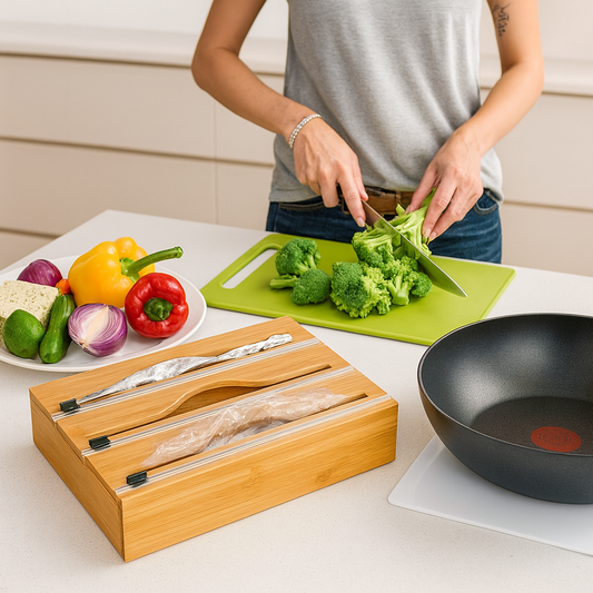 Bamboo Cling Film Dispenser with Slide Cutter 3 in 1 Plastic Wrap and Aluminum Foil