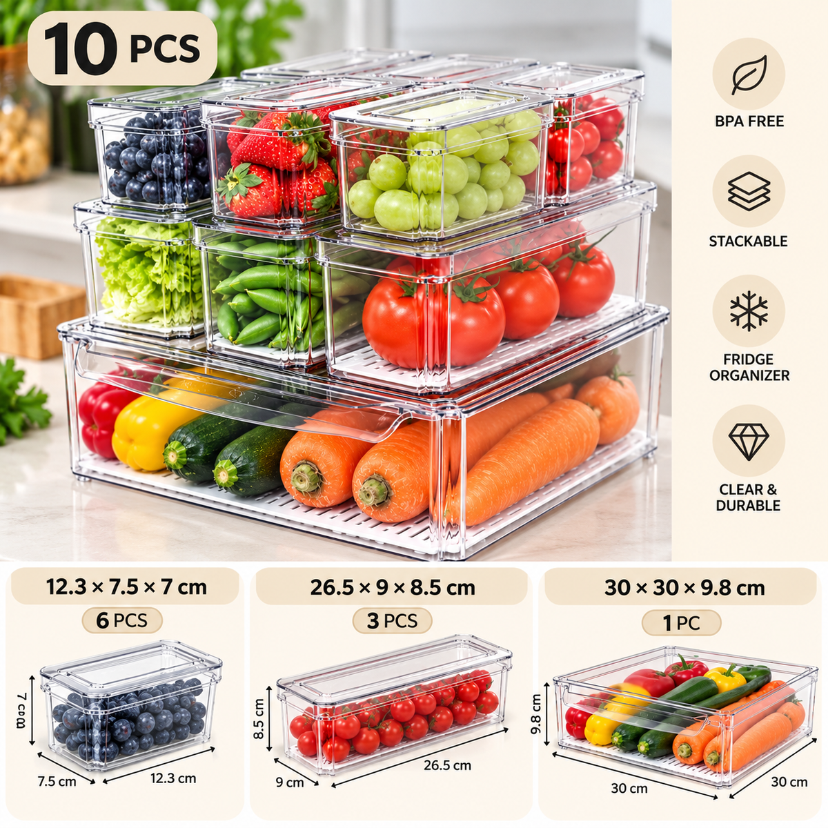 SET OF 10 PCS ACRYLIC FRIDGE ORGANIZERS
