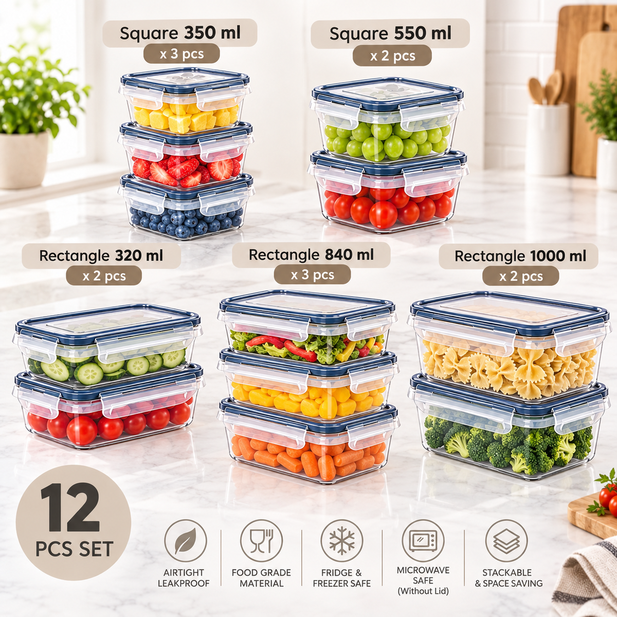 SET OF 12 PCS AIRTIGHT FOOD GRADE PLASTIC  STORAGE CONTAINERS