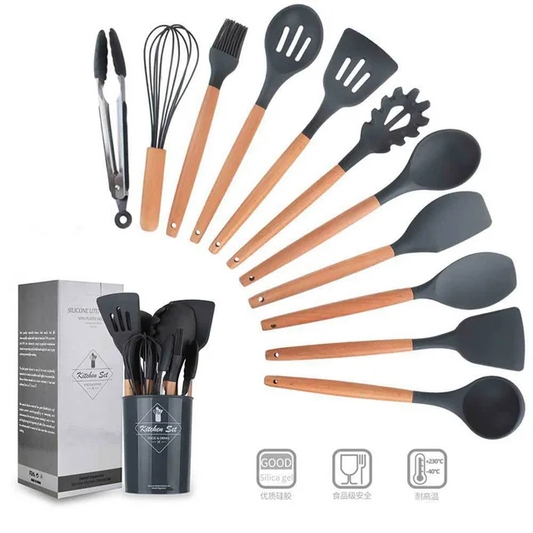 HEAT RESISTANT SILICONE AND WOOD UTENSILS SET OF 12 PCS