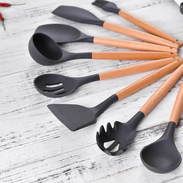 HEAT RESISTANT SILICONE AND WOOD UTENSILS SET OF 12 PCS