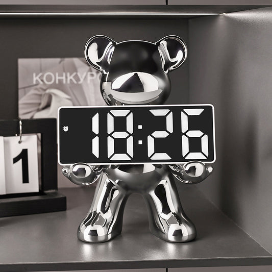 CHROME BEAR FIGURE WITH DIGITAL CLOCK