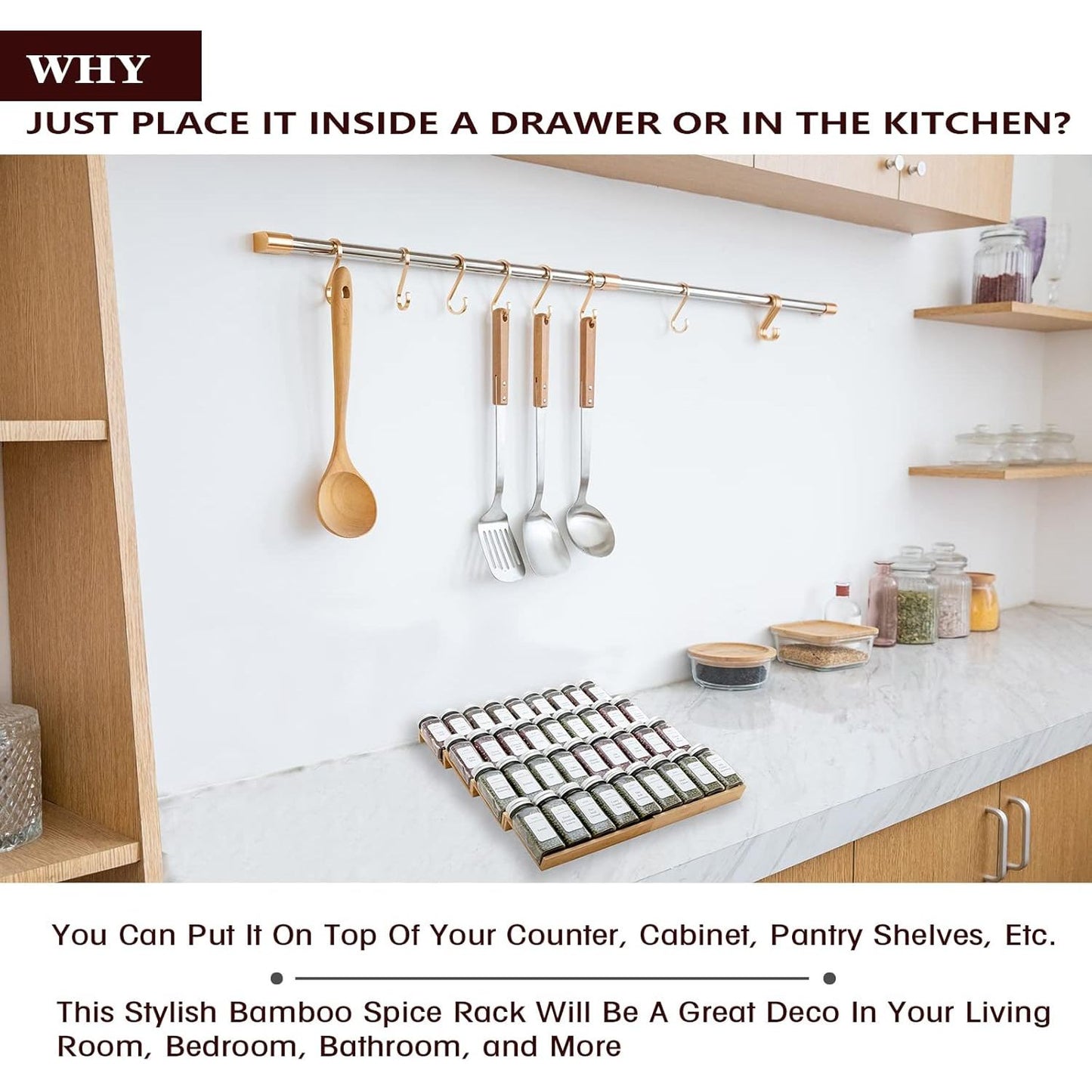 DRAWER SPICE JARS BAMBOO ORGANIZER ( Jars not included)