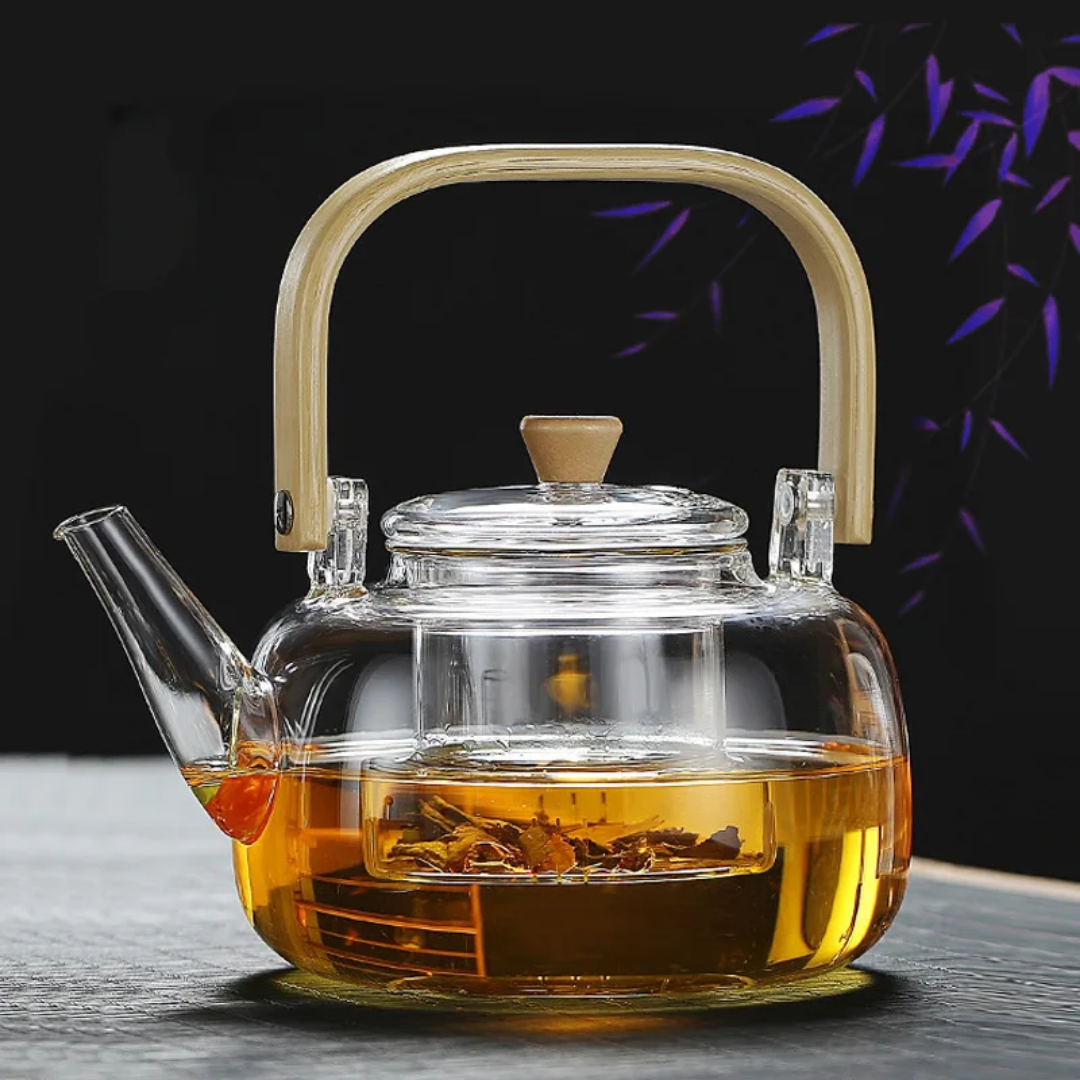 DOUBLE GLASS 1 LITER TEA POT WITH BAMBOO HANDLE