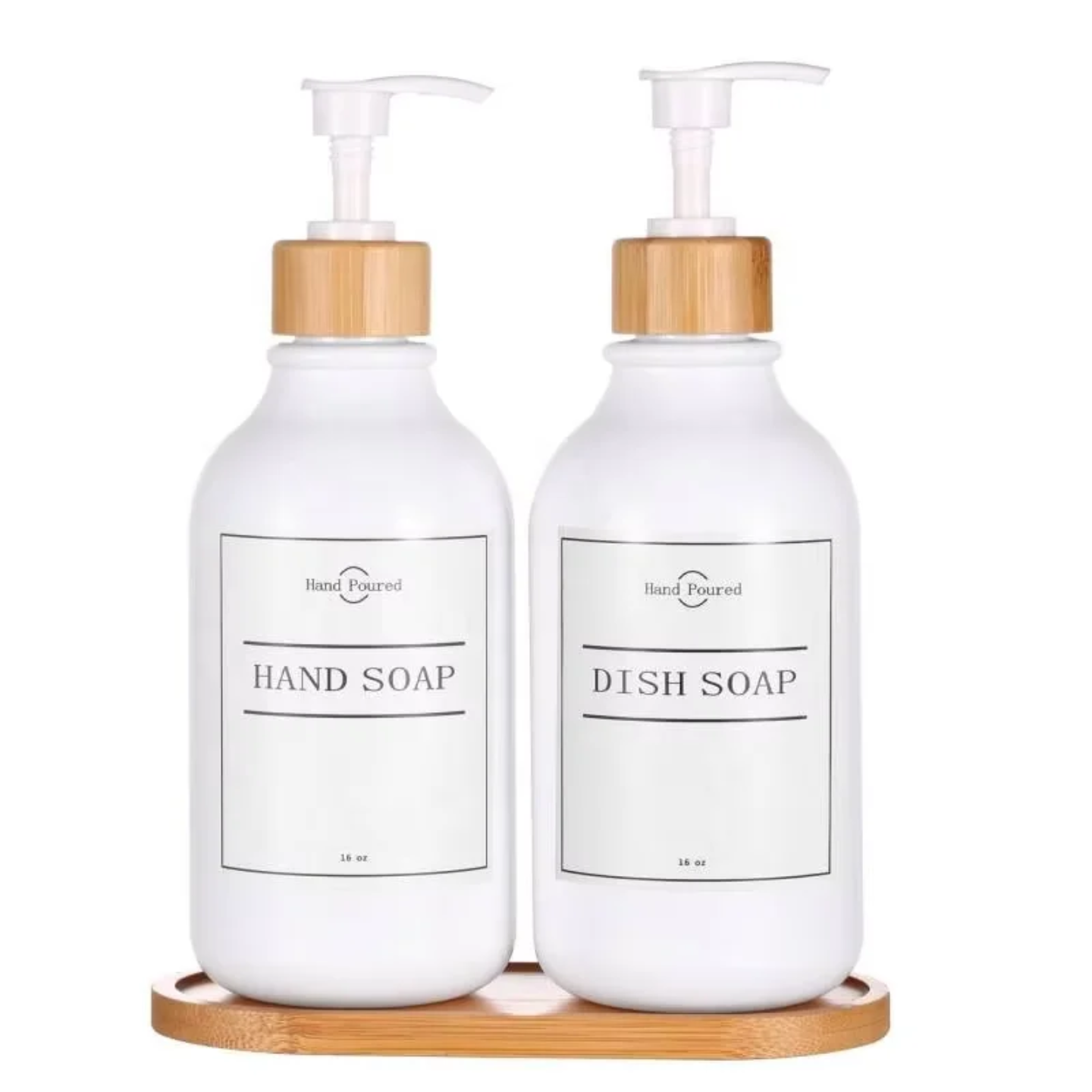 WHITE  PLASTIC SOAP BOTTLES SET WITH BAMBOO BASE SET OF 2 PCS