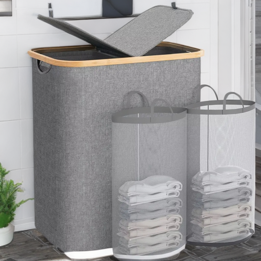 double storage laundry basket with bamboo cover and two inner bags