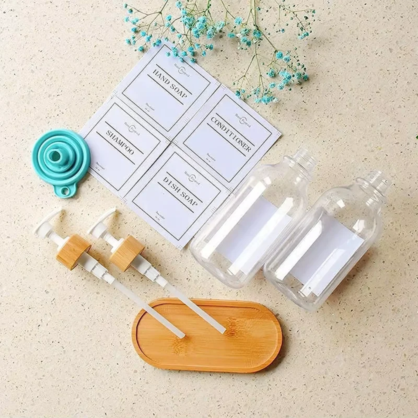 TRANSPARENT PLASTIC SOAP BOTTLES SET WITH BAMBOO BASE SET OF 2 PCS