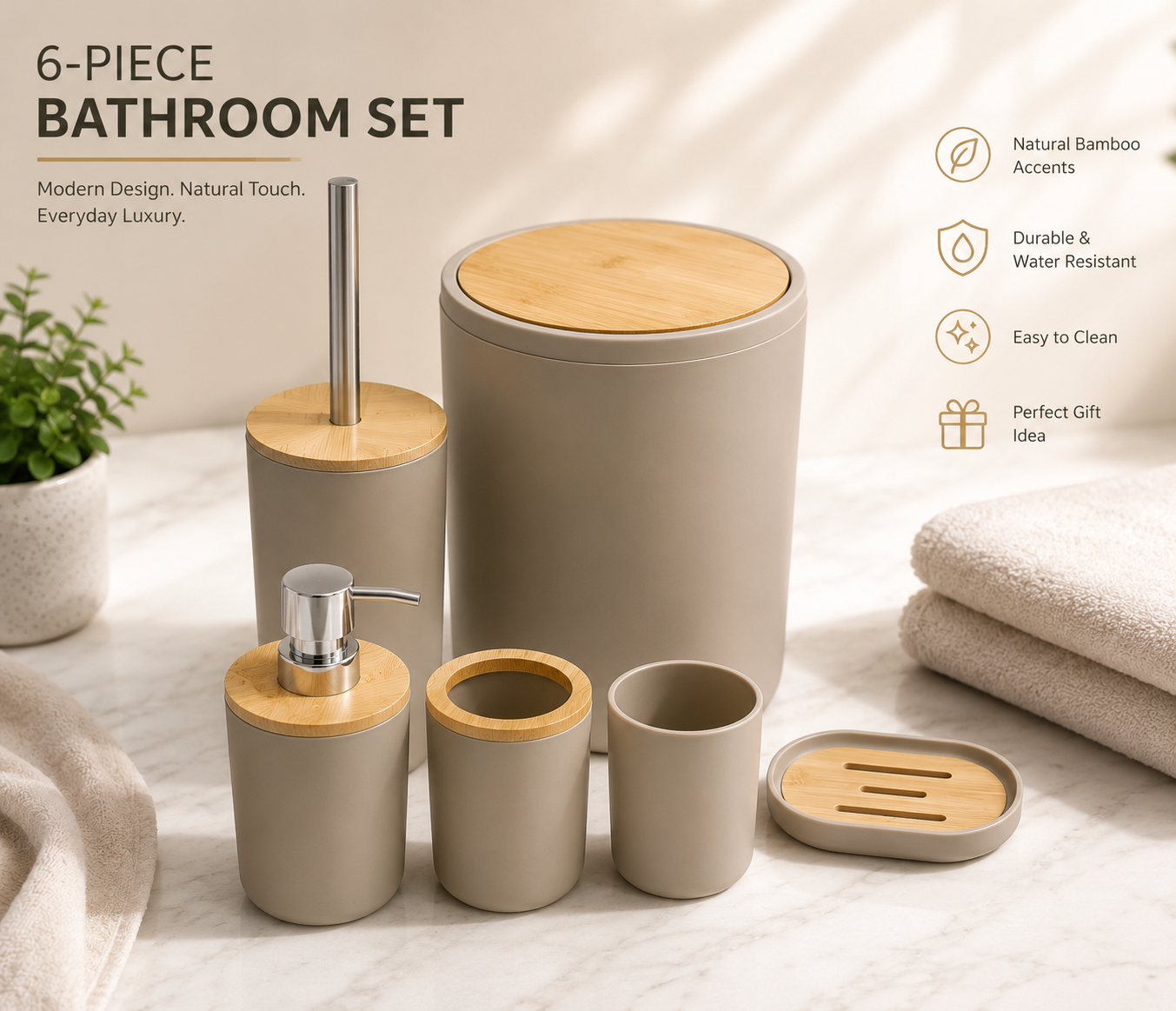 GREIGE BATHROOM SET OF 6 PCS WITH BAMBOO