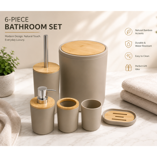 GREIGE BATHROOM SET OF 6 PCS WITH BAMBOO