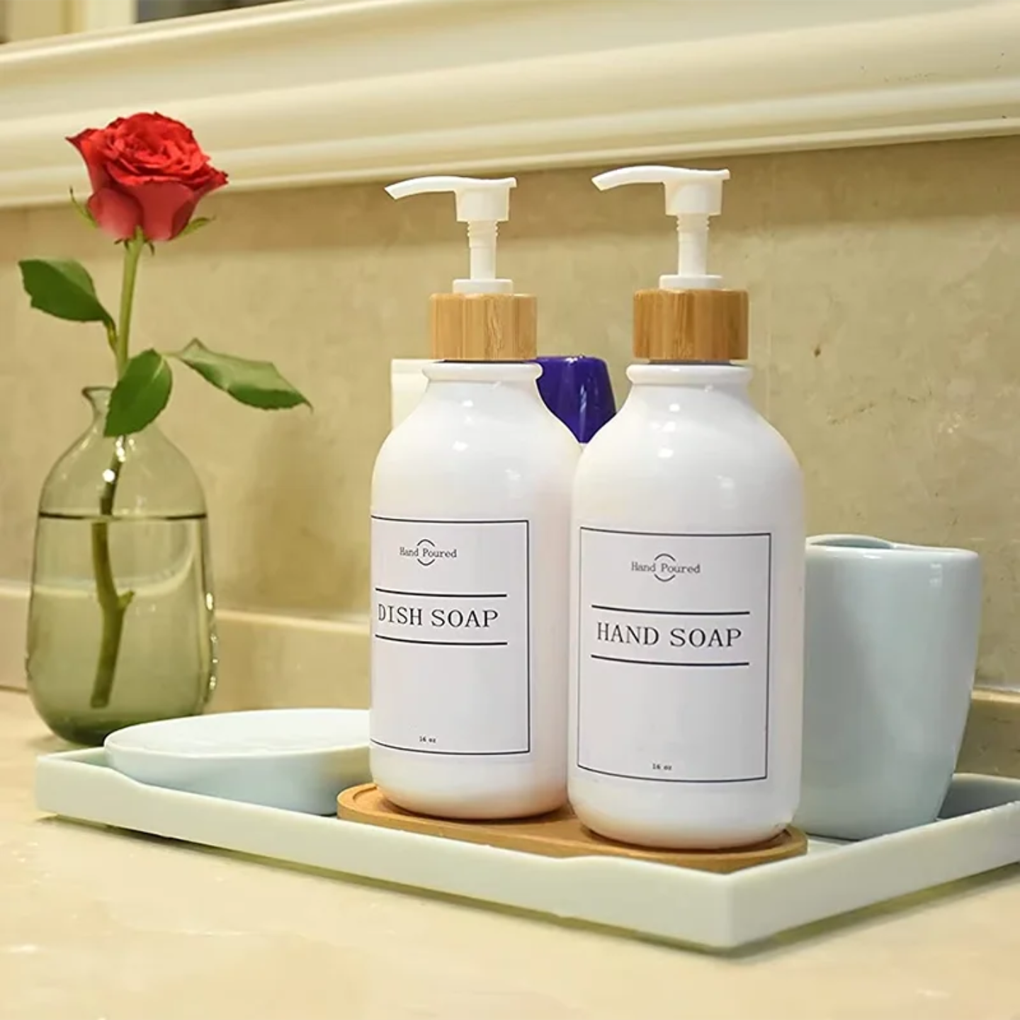 WHITE  PLASTIC SOAP BOTTLES SET WITH BAMBOO BASE SET OF 2 PCS