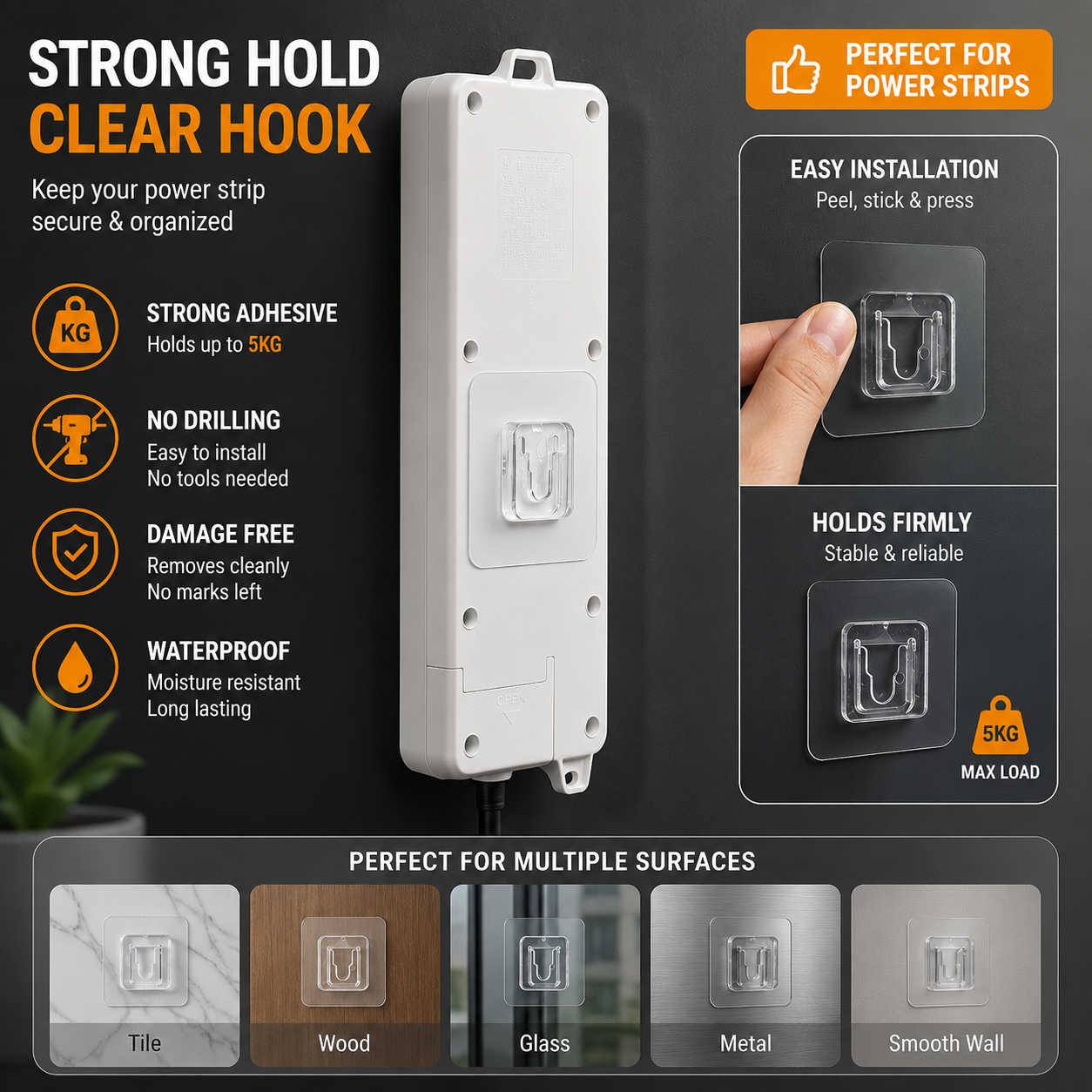 Set of 5 Double Sided Self Adhesive Hooks Transparent Waterproof Wall Hook