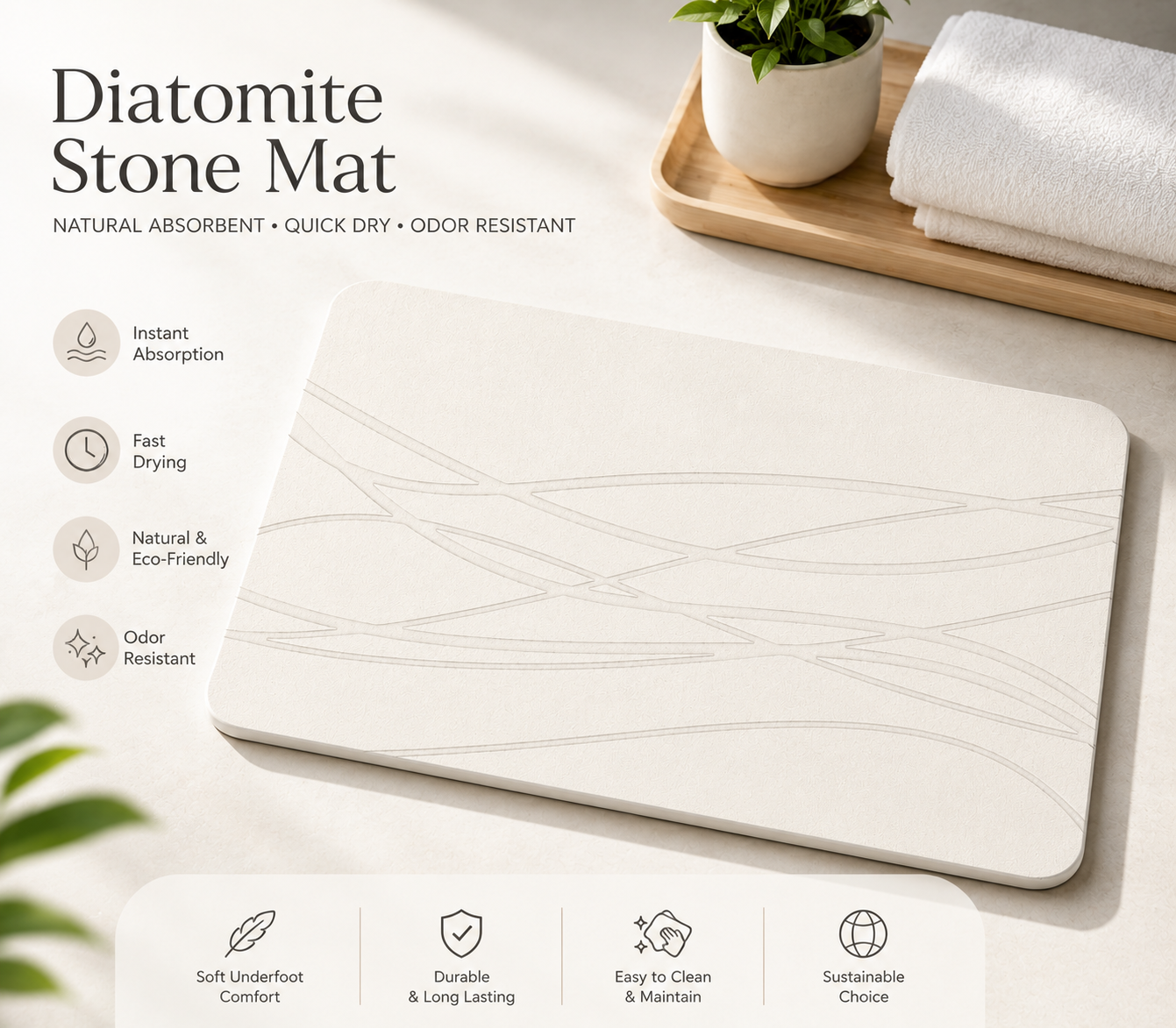 DIATOMITE ANTISLIP BATHROOM ABSORBING MAT 60*40 CM OFF WHITE