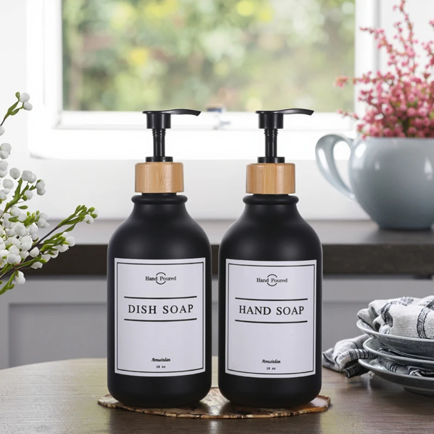 BLACK  PLASTIC SOAP BOTTLES SET WITH BAMBOO BASE SET OF 2 PCS