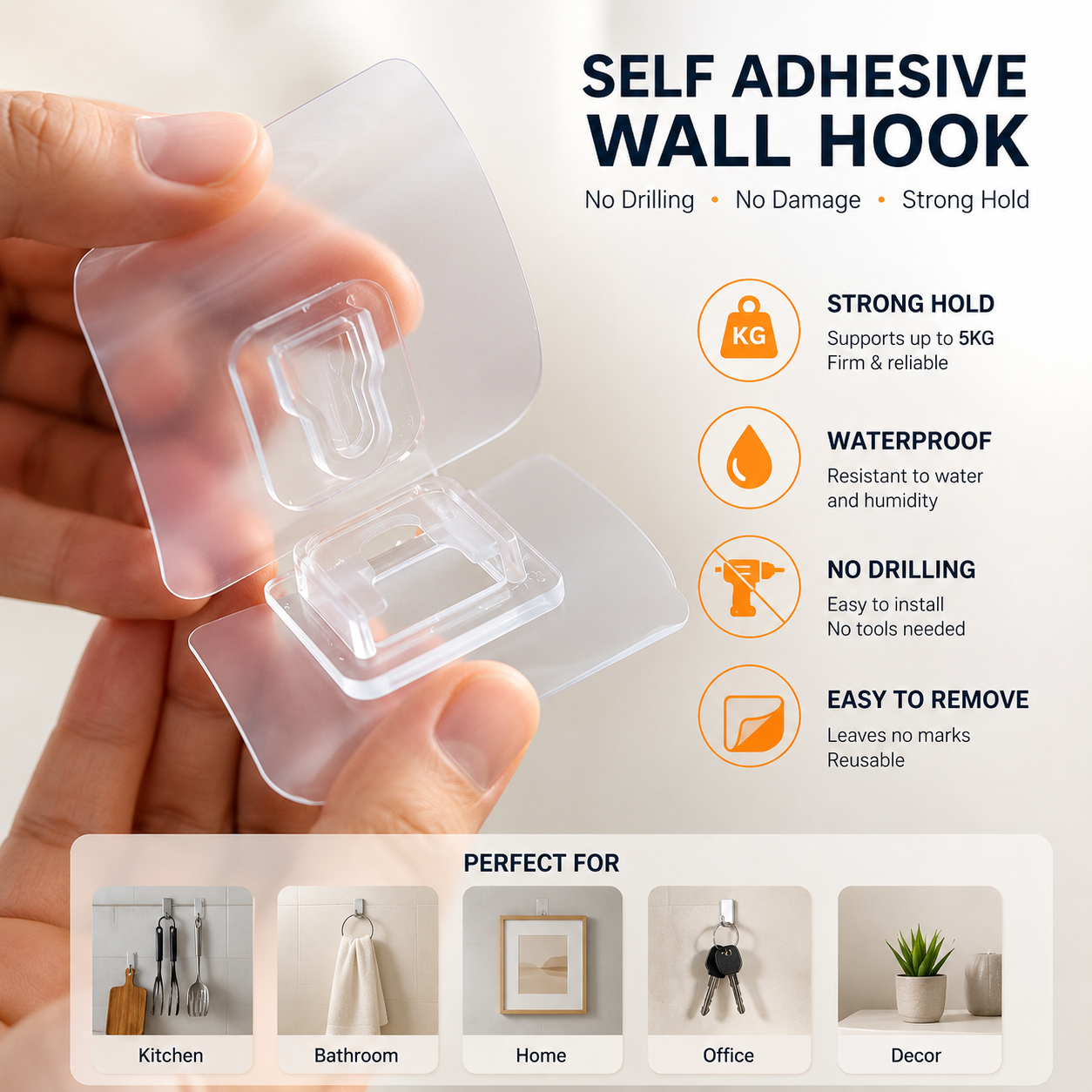 Set of 5 Double Sided Self Adhesive Hooks Transparent Waterproof Wall Hook