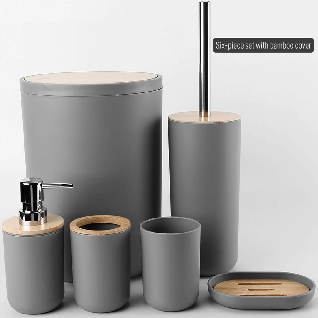 GREY BATHROOM SET OF 6 PCS WITH BAMBOO