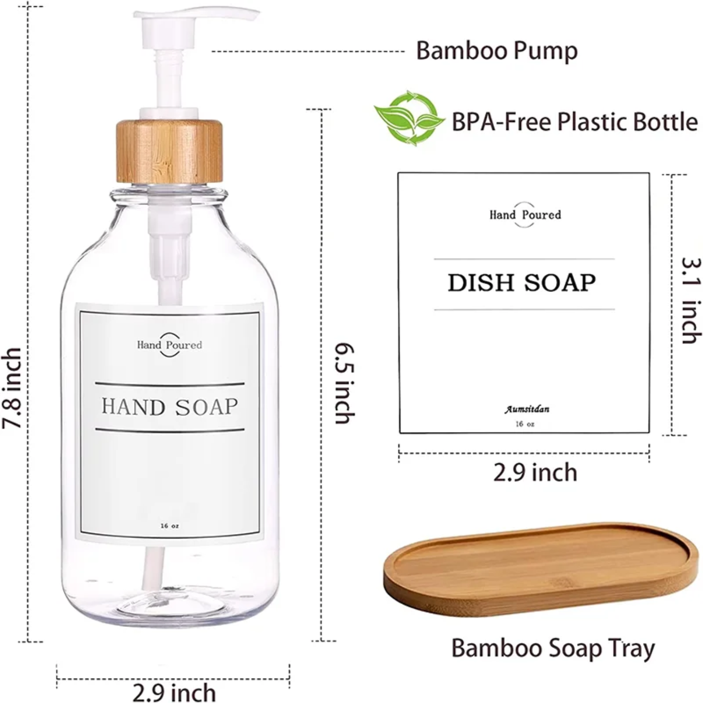 TRANSPARENT PLASTIC SOAP BOTTLES SET WITH BAMBOO BASE SET OF 2 PCS