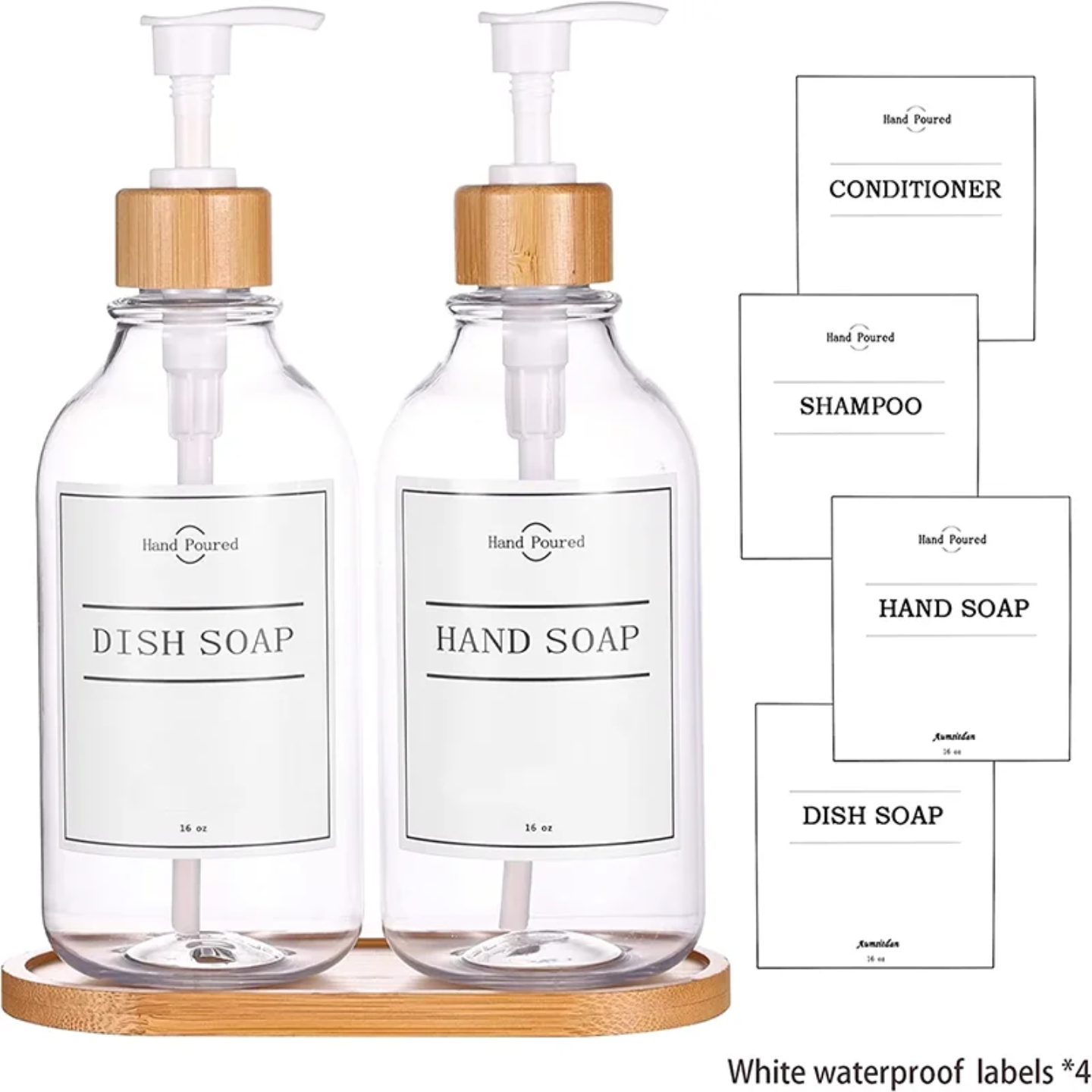 TRANSPARENT PLASTIC SOAP BOTTLES SET WITH BAMBOO BASE SET OF 2 PCS