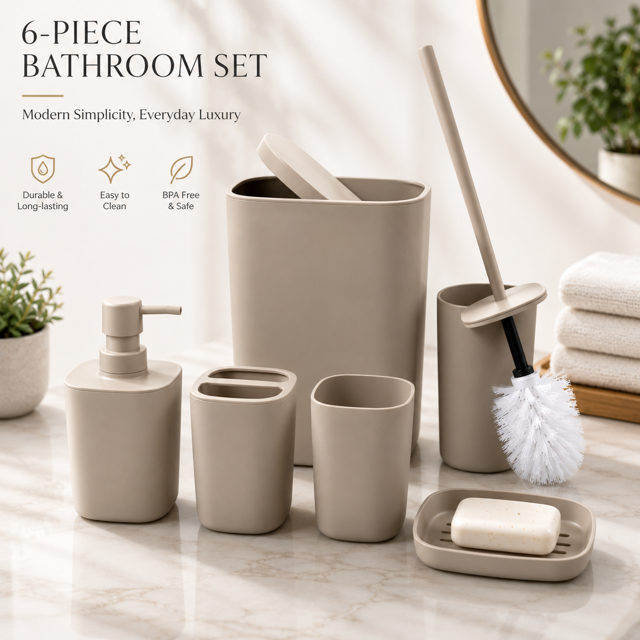 6 PIECES PLASTIC BATHROOM SET BEIGE