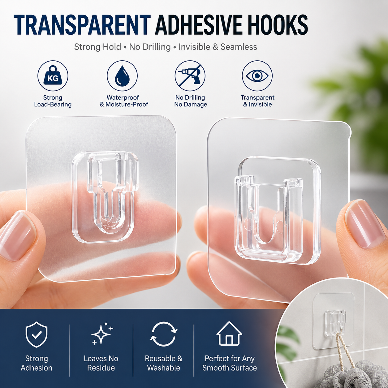 Set of 5 Double Sided Self Adhesive Hooks Transparent Waterproof Wall Hook