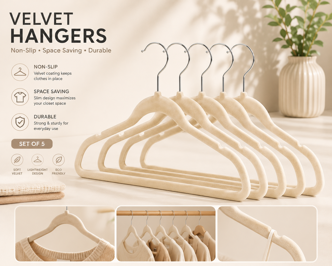 SET OF 5 VELVET CLOTHES HANGERS Antislip 45*23 cm