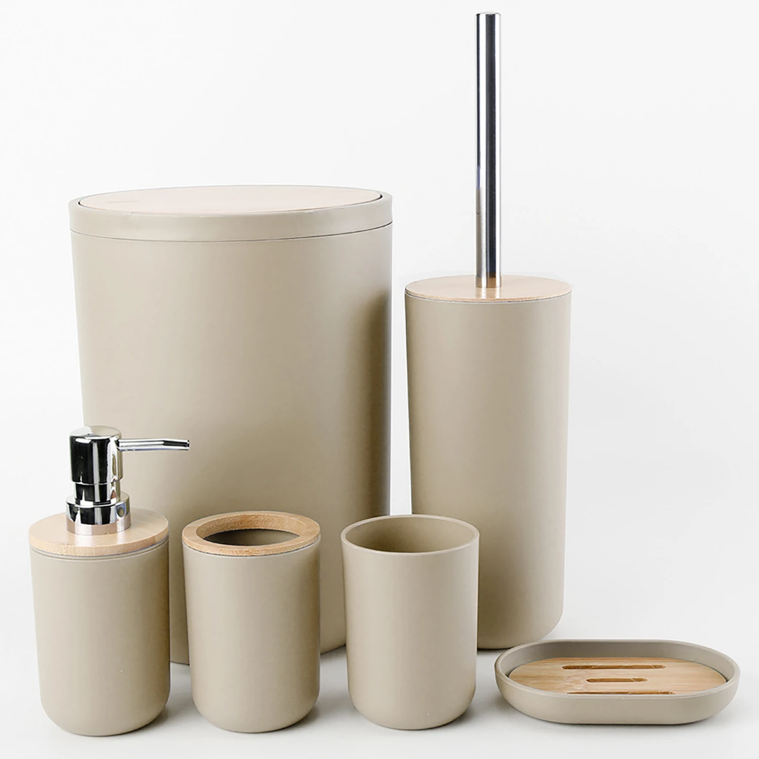 GREIGE BATHROOM SET OF 6 PCS WITH BAMBOO