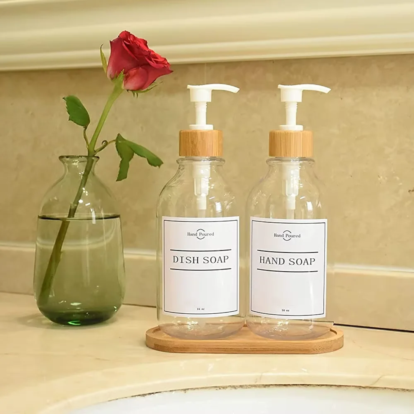 TRANSPARENT PLASTIC SOAP BOTTLES SET WITH BAMBOO BASE SET OF 2 PCS