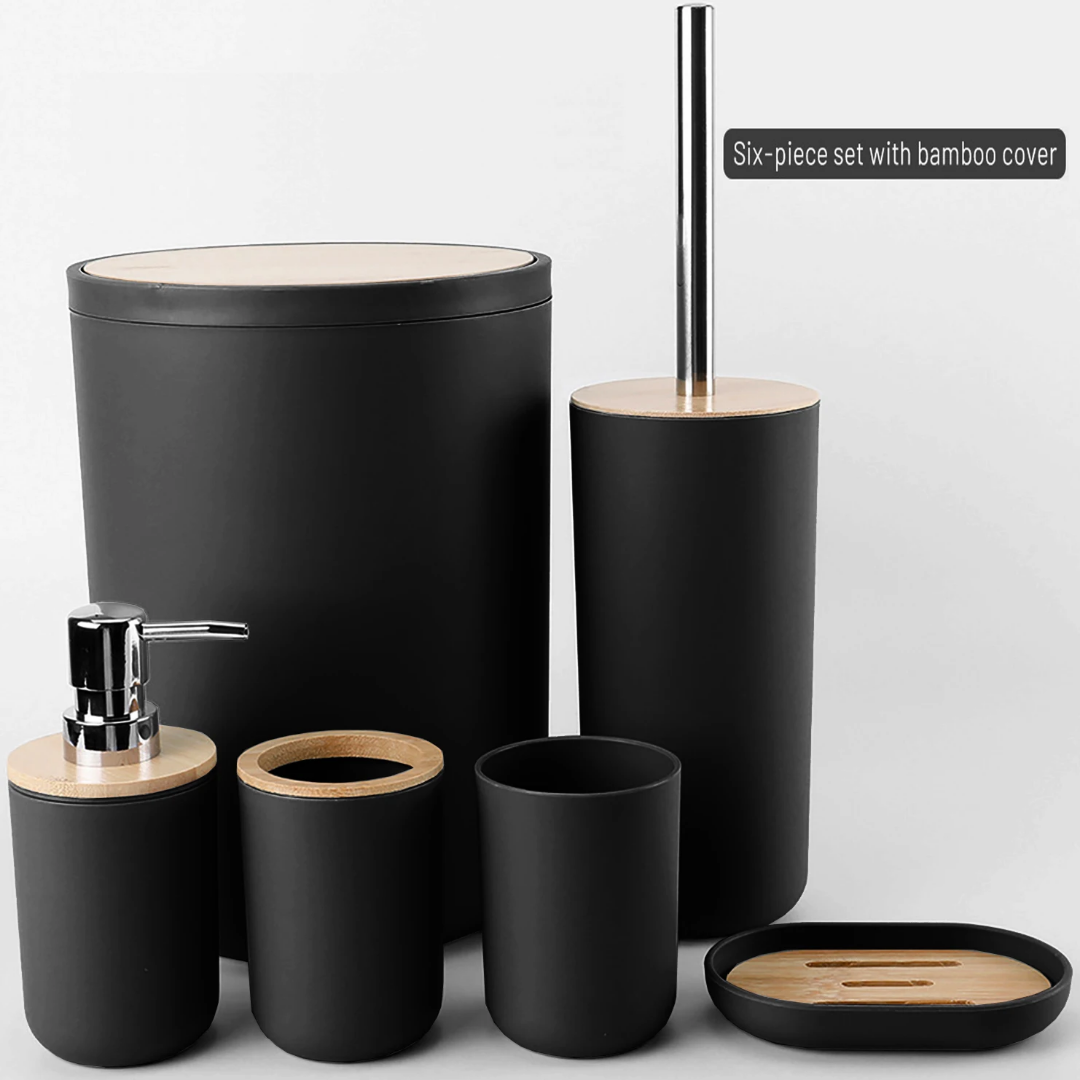 BLACK BATHROOM SET OF 6 PCS WITH BAMBOO