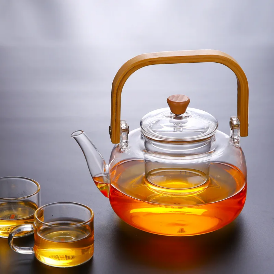 DOUBLE GLASS 1 LITER TEA POT WITH BAMBOO HANDLE