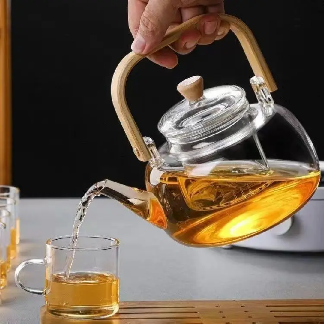DOUBLE GLASS 1 LITER TEA POT WITH BAMBOO HANDLE
