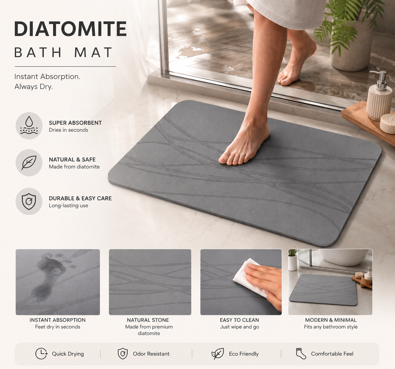 DIATOMITE ANTISLIP BATHROOM ABSORBING MAT 60*40 CM GREY